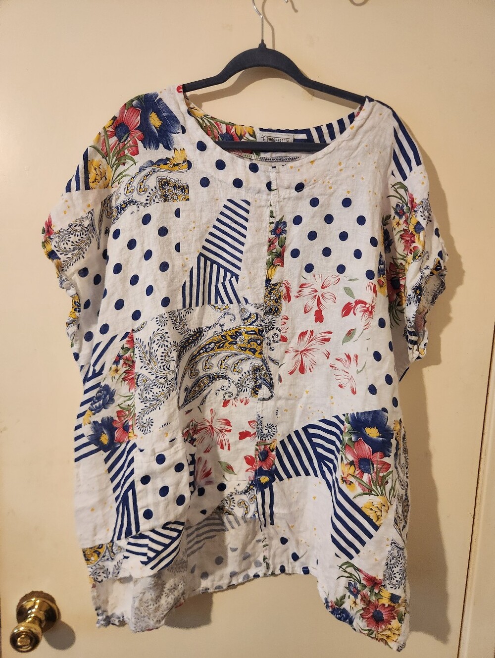 Transparente Patchwork Floral & Polka Dot Linen Women's Top (XXL) B: 56"